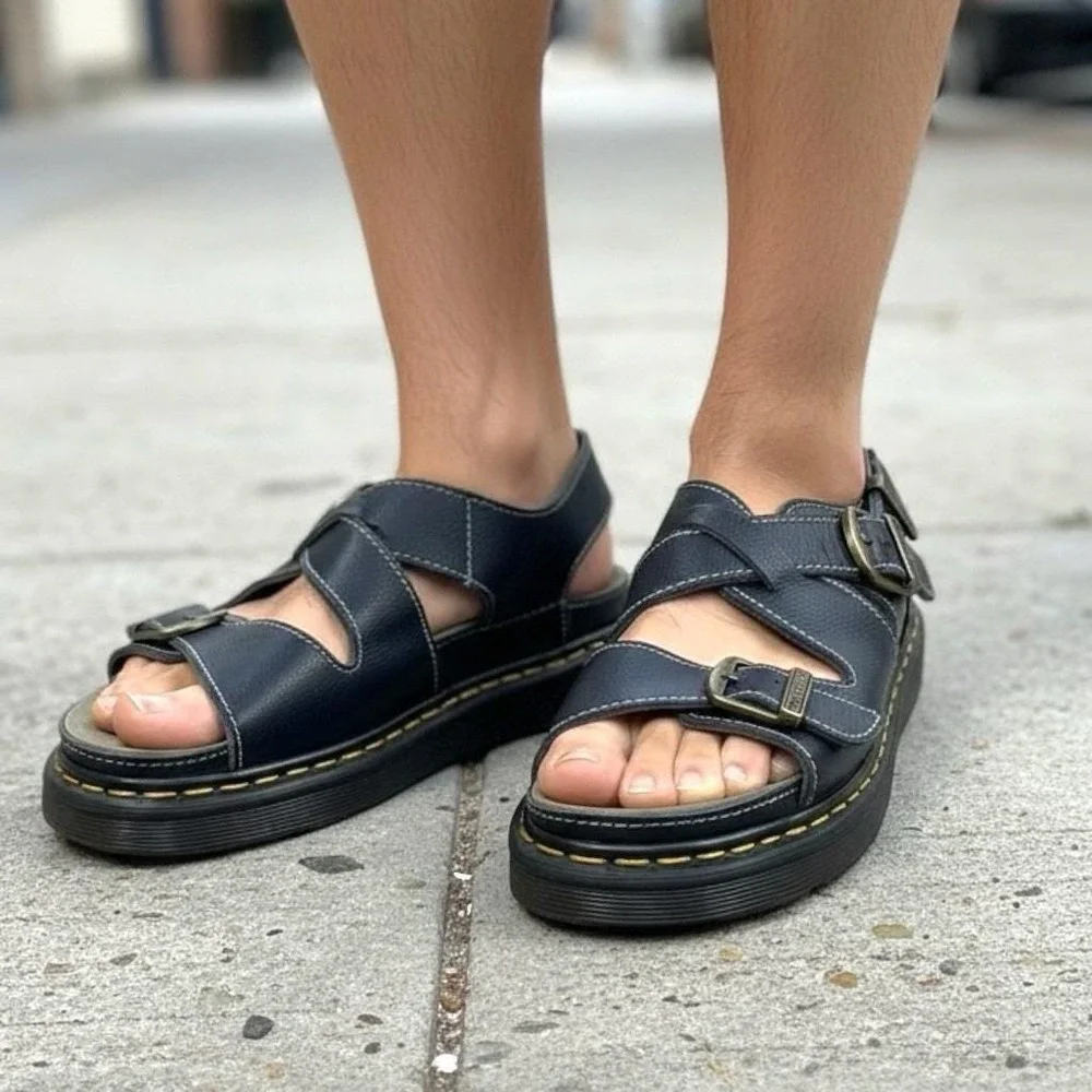 Dr Martens VTG Made England Mens 9 Leather Strappy Sandals Blue Buckle Fisherman